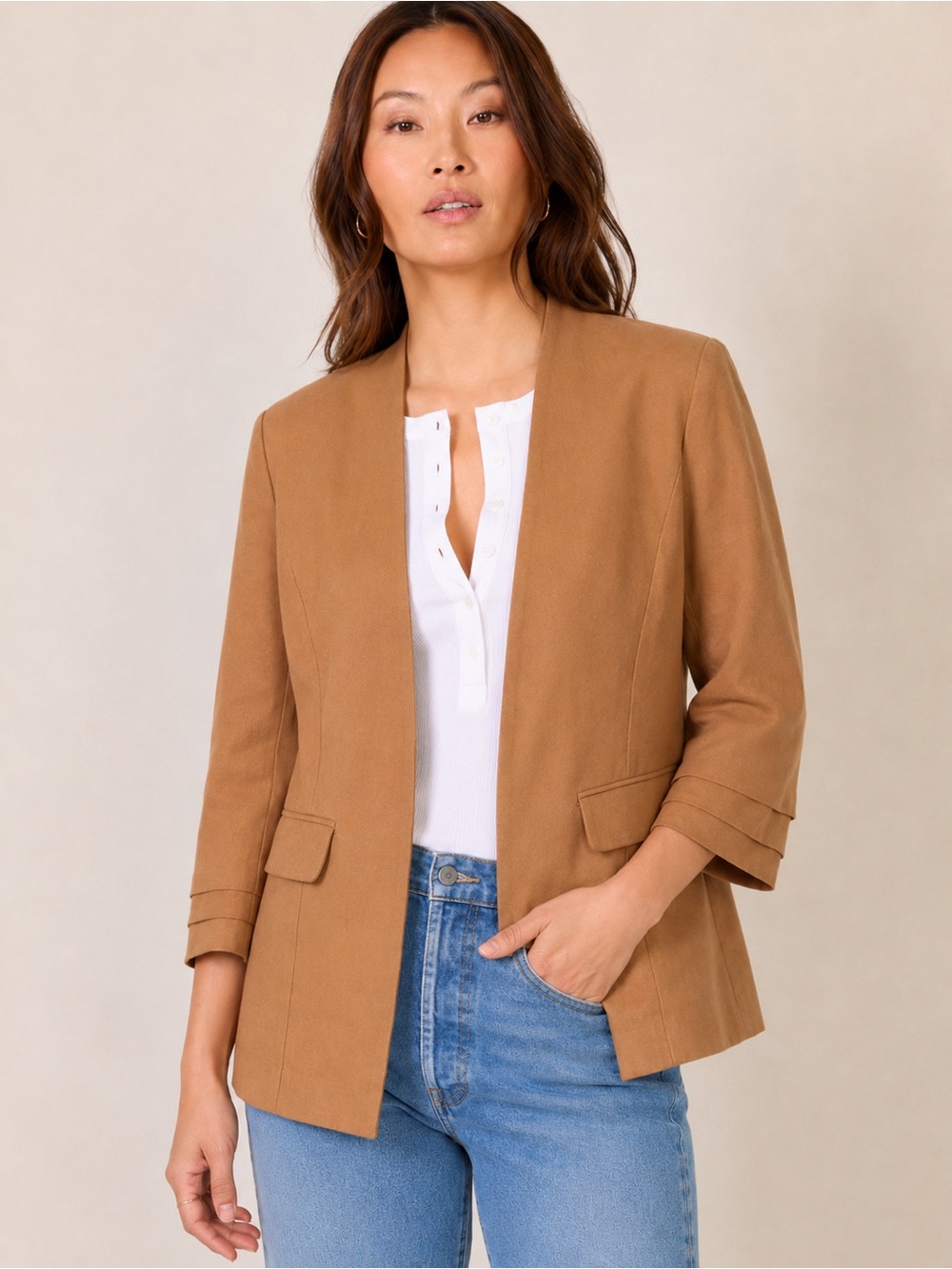 Farrow Lyocell Open Front Blazer Jacket Medium Camel Minimalist Layer